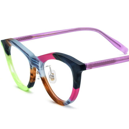 Multicolour Print Acetate Cat Eye Glasses Frame Vintage - Matte Grey Brown - MCROONS