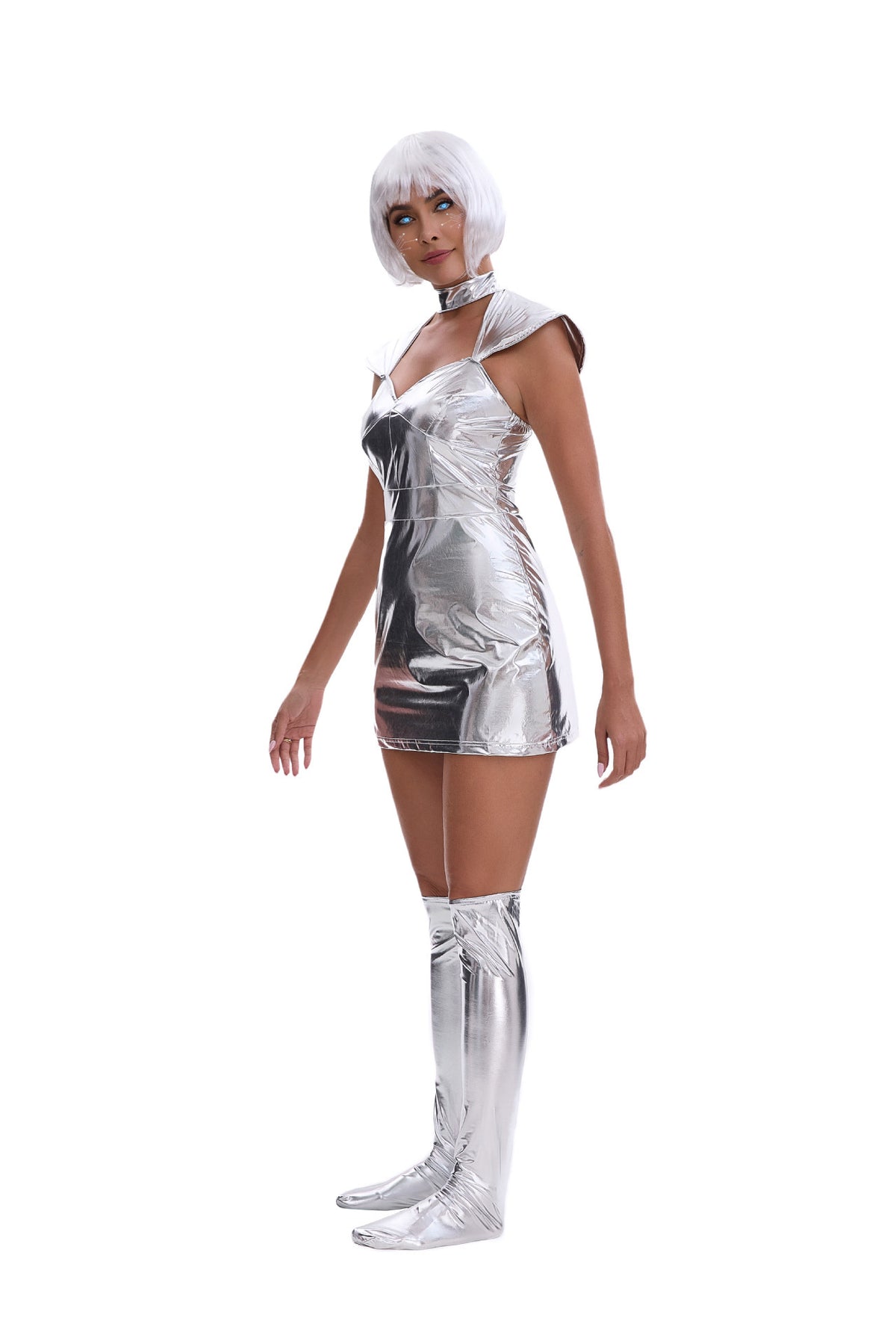 Silver metallic space-themed futuristic Halloween costume by MCROONS featuring a sleek, reflective design and sci-fi style.