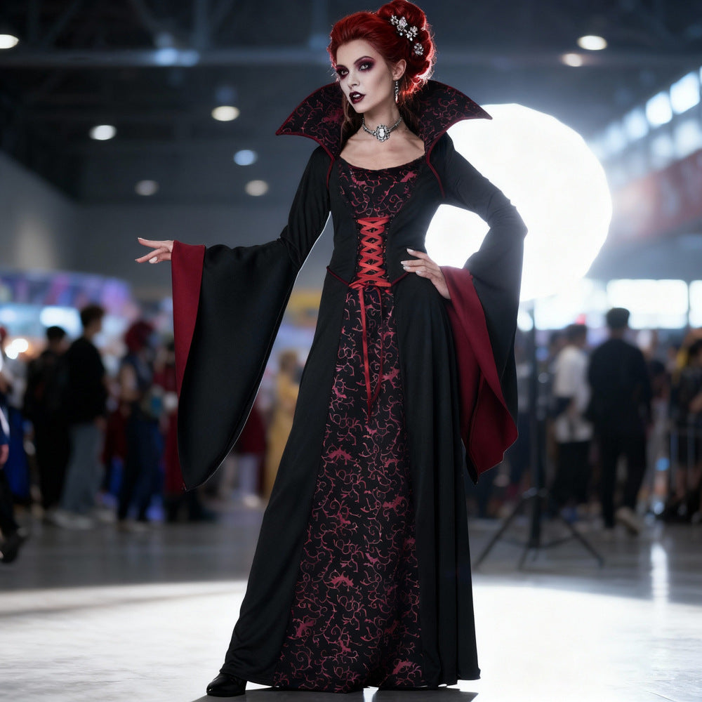 Dark Vampire Queen vintage court gown costume by MCROONS featuring a black and red regal dress with lace and dramatic details.