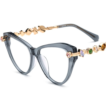 Luxury Cat Eye Acetate Optical Glasses Frame with Gem Trim - Gray - MCROONS