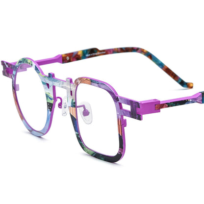 Colourful Print Titanium Square Optical Glasses Frame - Purple - MCROONS