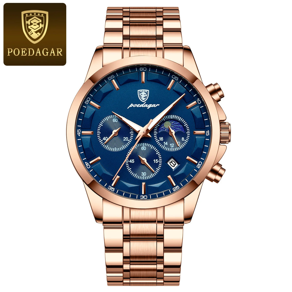 Poedagar 928 Men's Luxury Chronograph Quartz Watch – Stainless Steel Band, Waterproof, Luminous, Date