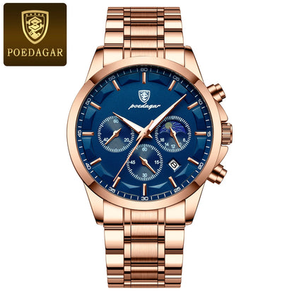 Poedagar 928 Men's Luxury Chronograph Quartz Watch – Stainless Steel Band, Waterproof, Luminous, Date