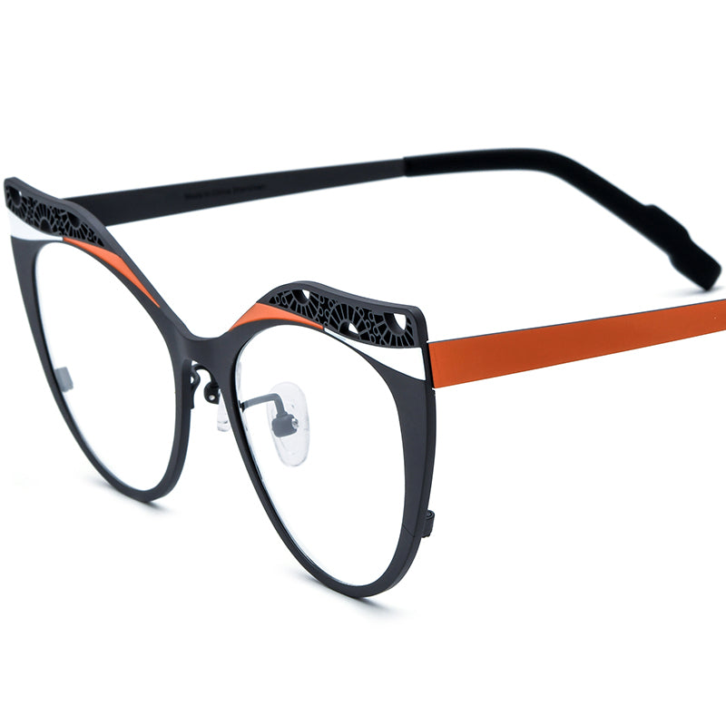 Matte Titanium Hollow-Out Cat Eye Optical Glasses Frame - Matte Grey Orange - MCROONS