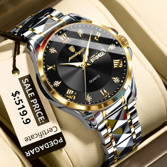 Poedagar 883 Men's Luxury Quartz Watch – Stainless Steel Band, Waterproof, Luminous, Date