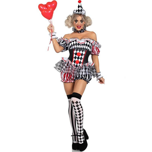 Vampire Clown Queen costume by Mcroons featuring a dark, theatrical clown dress with gothic vampire elements and bold makeup.