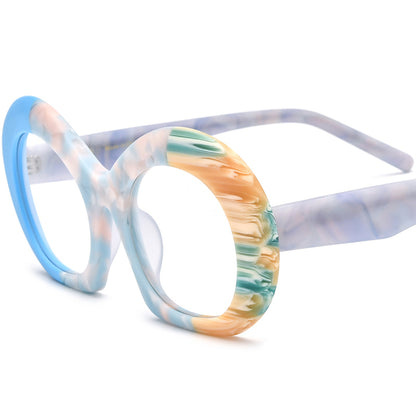 Oversized Matte Acetate Round Optical Glasses Frame - Blue Yellow - MCROONS