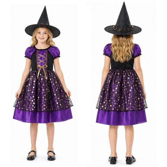 Girls' purple witch costume with pointed hat, kids Halloween sorceress dress from Mcroons, featuring a magical, festive design.