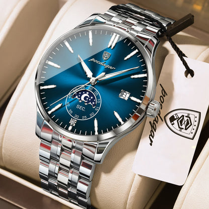 Poedagar 854 Men's Luxury Quartz Watch – Stainless Steel Band, Waterproof, Luminous, Date