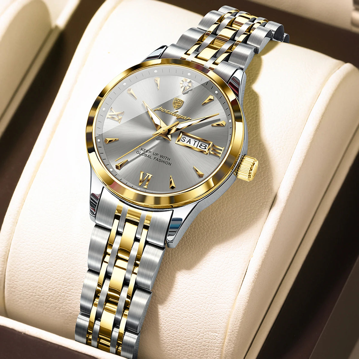 Poedagar 504 Women's Luxury Quartz Watch – Stainless Steel Band, Waterproof, Luminous, Date