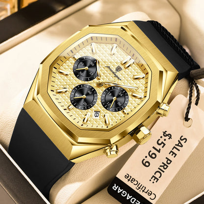 Poedagar 893 Men's Luxury Chronograph Quartz Watch – Silicone Strap, Waterproof, Luminous, Date