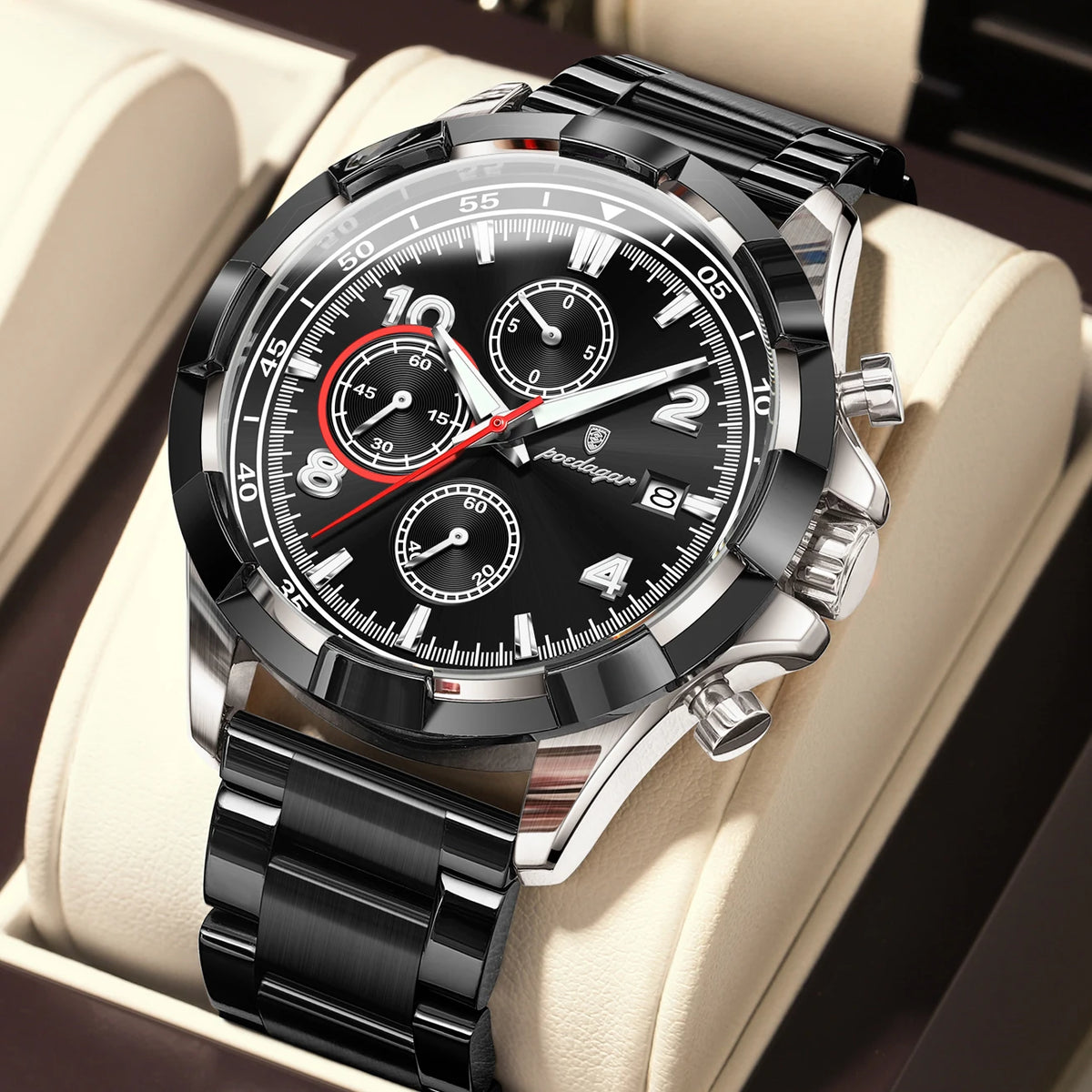 Poedagar 685 Men's Luxury Chronograph Quartz Watch – Stainless Steel Band, Waterproof, Luminous, Date