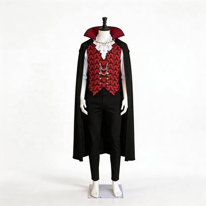 Count Dracula Gothic vampire Halloween costume by MCROONS featuring a black cape, red vest, and vampire fangs.
