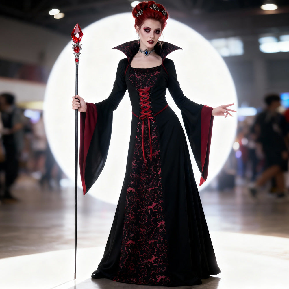 Dark Vampire Queen vintage court gown costume by MCROONS featuring a black and red Victorian-style dress with dramatic details.