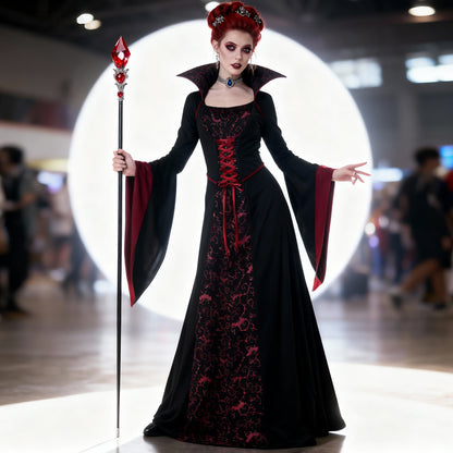 Dark Vampire Queen vintage court gown costume by MCROONS featuring a black and red Victorian-style dress with dramatic details.