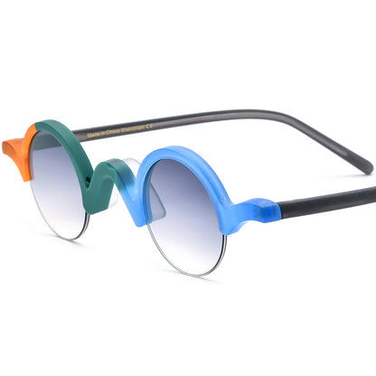 Multicolour Small Round Acetate Half-Rim Sunglasses UV400 - Matte Green Blue Gradient Gray Lens - MCROONS