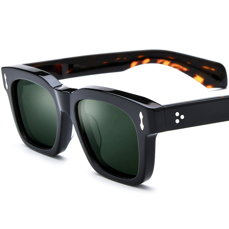 Retro Square Thick Acetate Polarized Mirrored Sunglasses - Black Leopard Dark Green Lens - MCROONS