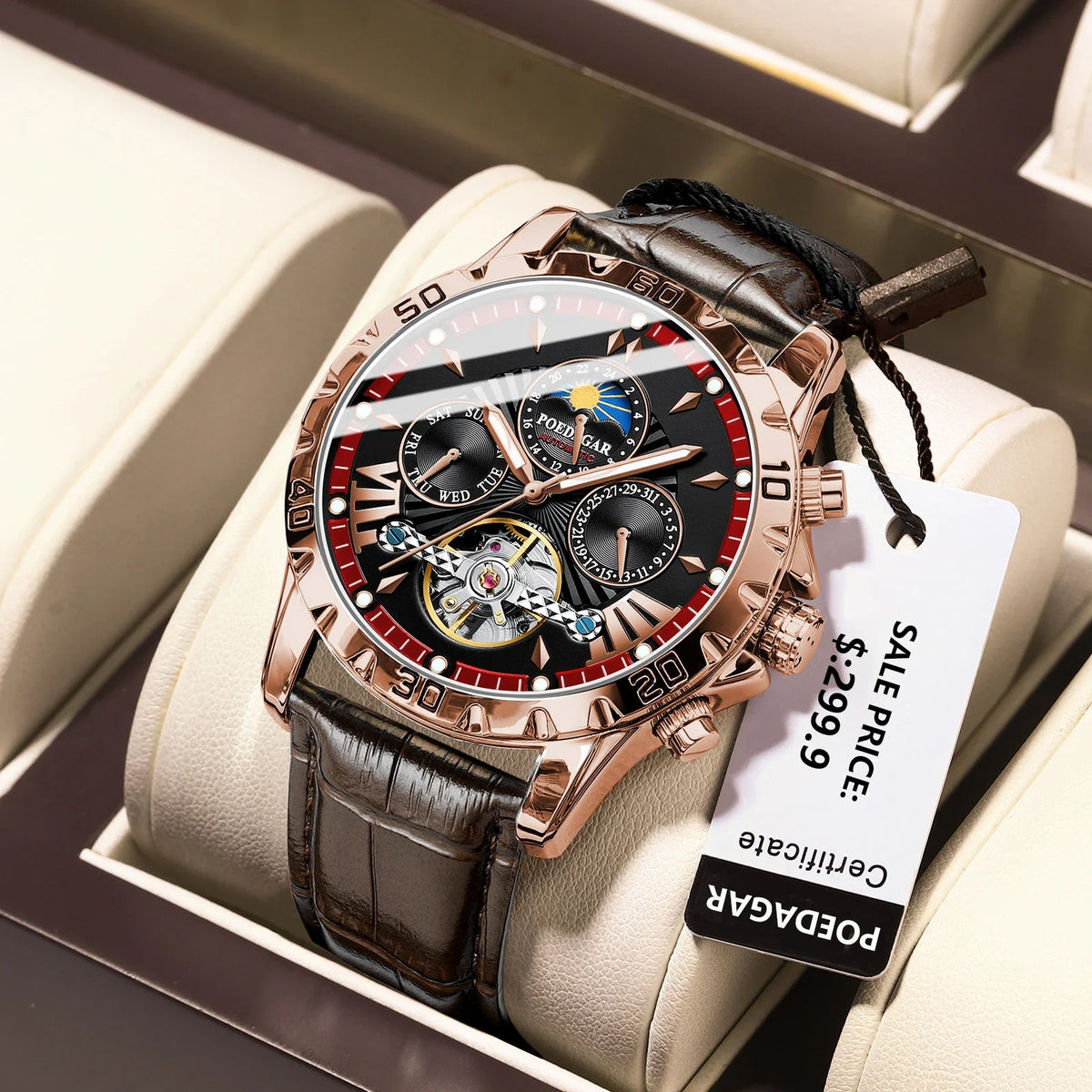 Poedagar 1410 Men's Luxury Automatic Mechanical Watch – Leather Strap, Waterproof, Luminous, Date