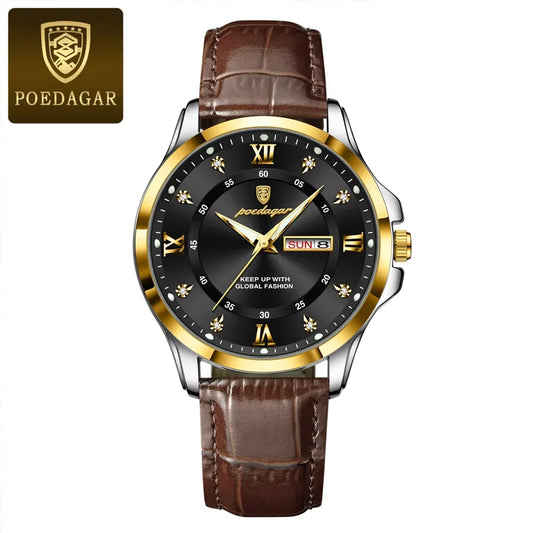 Poedagar 855 Men's Luxury Quartz Watch – Leather Strap, Waterproof, Luminous, Date