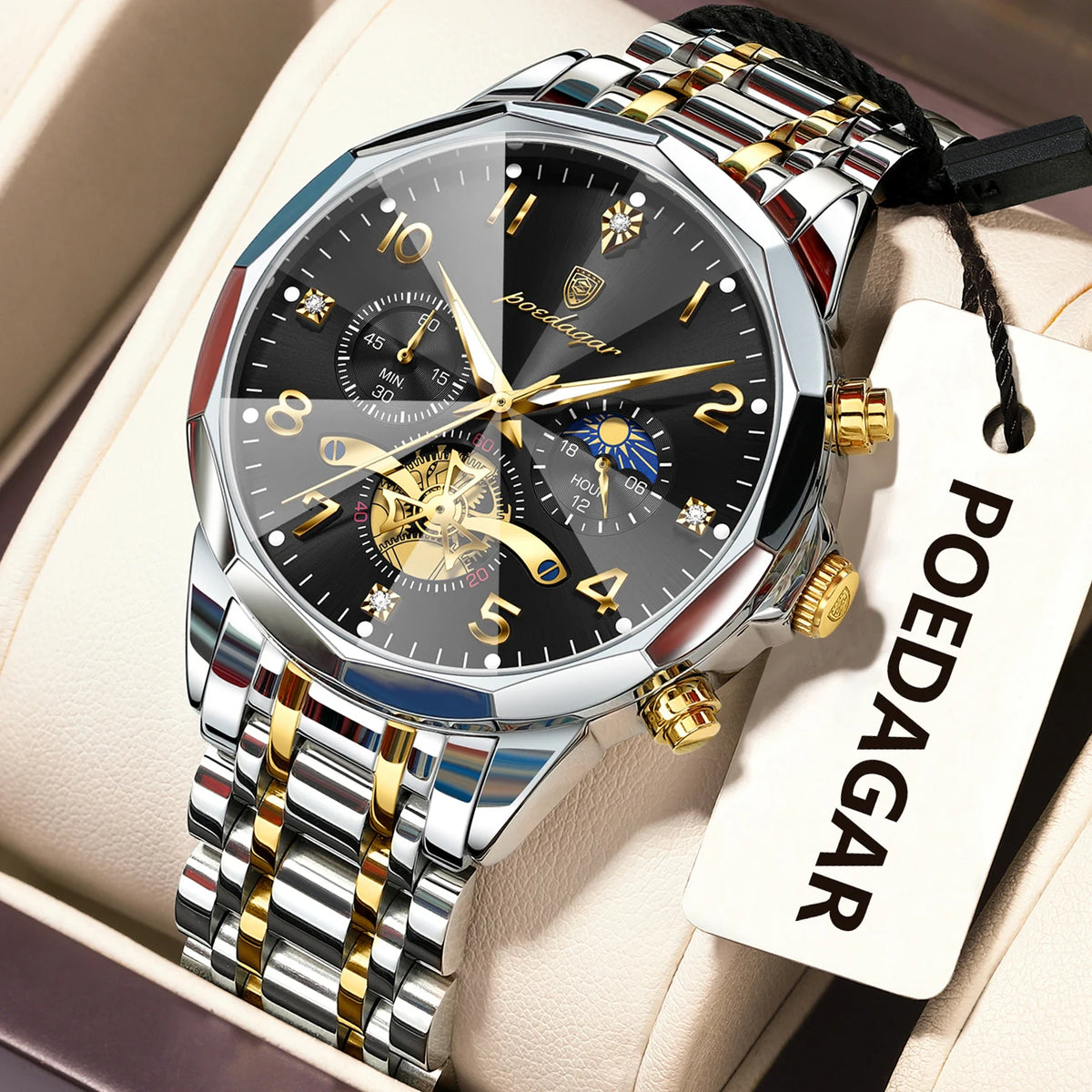 Poedagar 939 Men's Luxury Chronograph Quartz Watch – Stainless Steel Band, Waterproof, Luminous