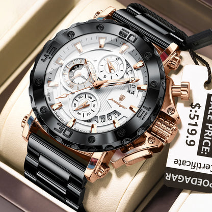 Poedagar 892 Men's Luxury Chronograph Quartz Watch – Stainless Steel Band, Waterproof, Luminous, Date
