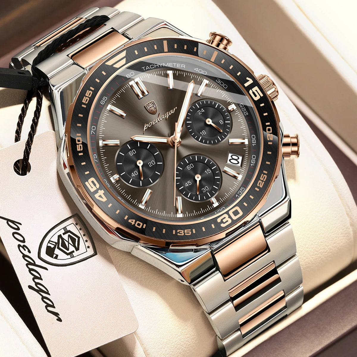 Poedagar 697 Men's Luxury Chronograph Quartz Watch – Stainless Steel Band, Waterproof, Luminous, Date