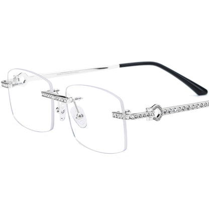 Designer Rimless Diamante Square Optical Glasses Frame - Silver - MCROONS
