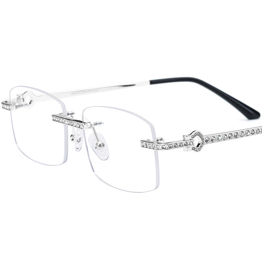 Designer Rimless Diamante Square Optical Glasses Frame - Silver - MCROONS