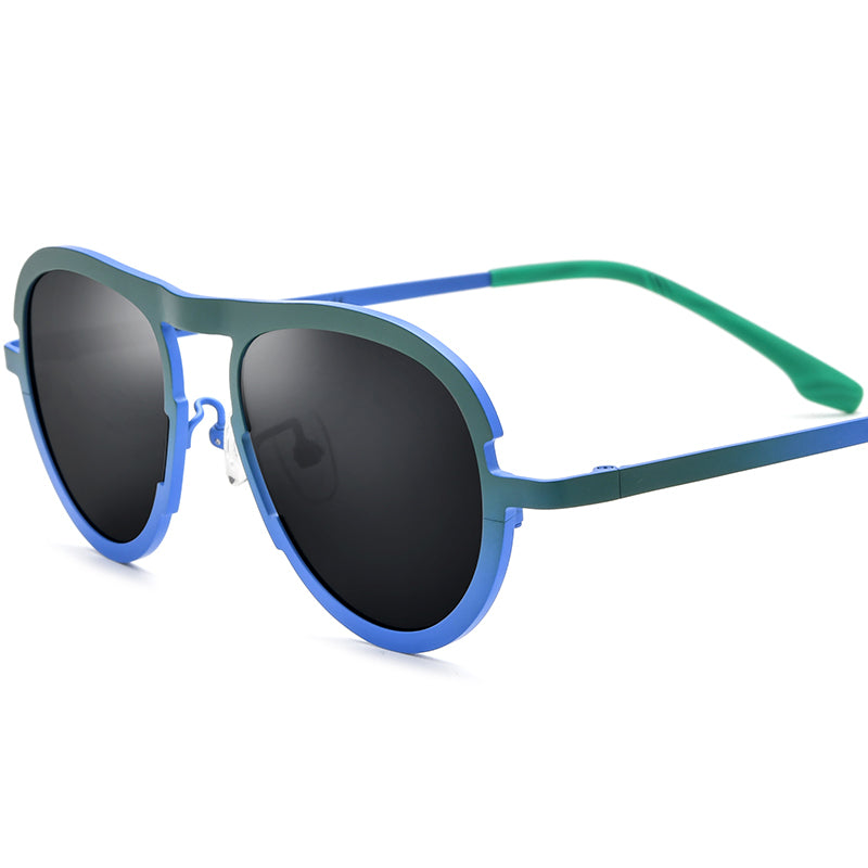 Colourful Titanium Pilot Polarised Sunglasses Retro - Green Blue Frame Gray Lens - MCROONS