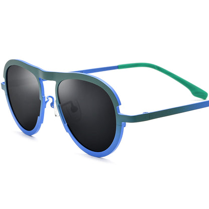 Colourful Titanium Pilot Polarised Sunglasses Retro - Green Blue Frame Gray Lens - MCROONS