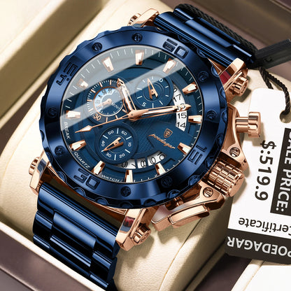 Poedagar 892 Men's Luxury Chronograph Quartz Watch – Stainless Steel Band, Waterproof, Luminous, Date