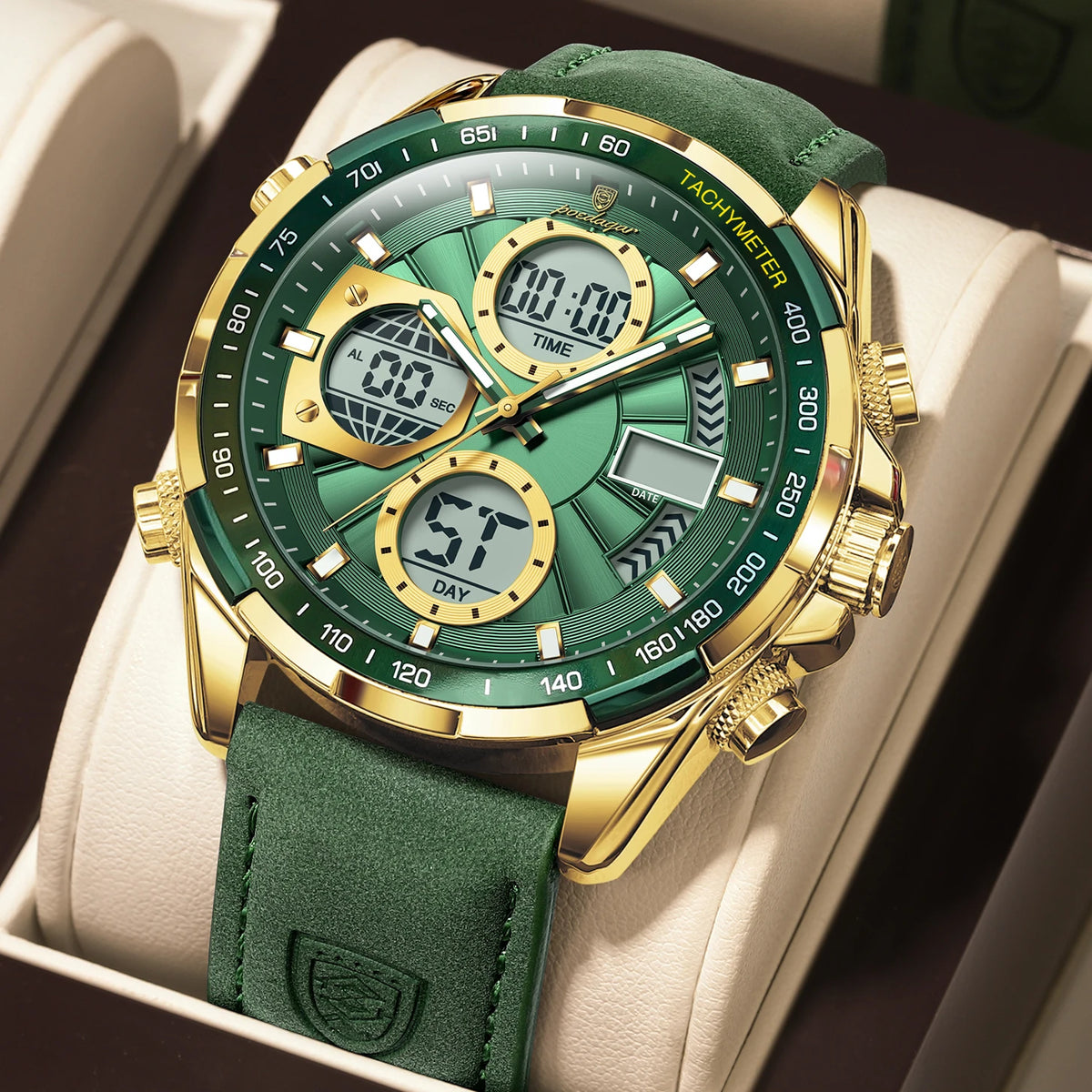 Poedagar E108 Men's Luxury Chronograph Quartz Watch – Leather Strap, Waterproof, Luminous, Date