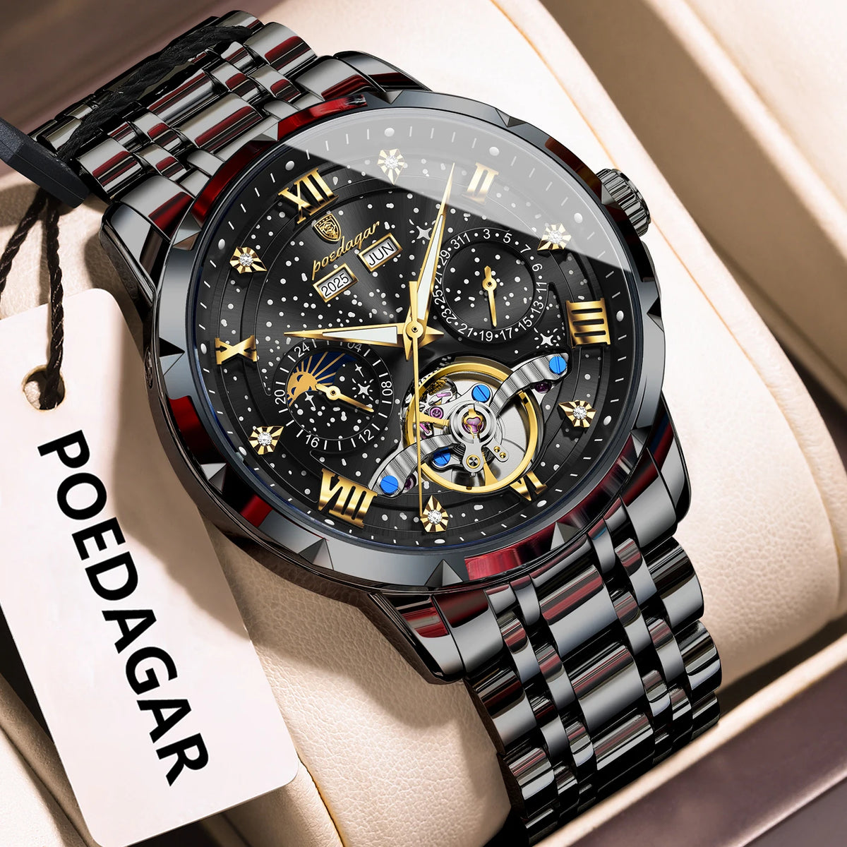 Poedagar 1420 Men's Luxury Automatic Mechanical Watch – Stainless Steel Band, Waterproof, Luminous, Date