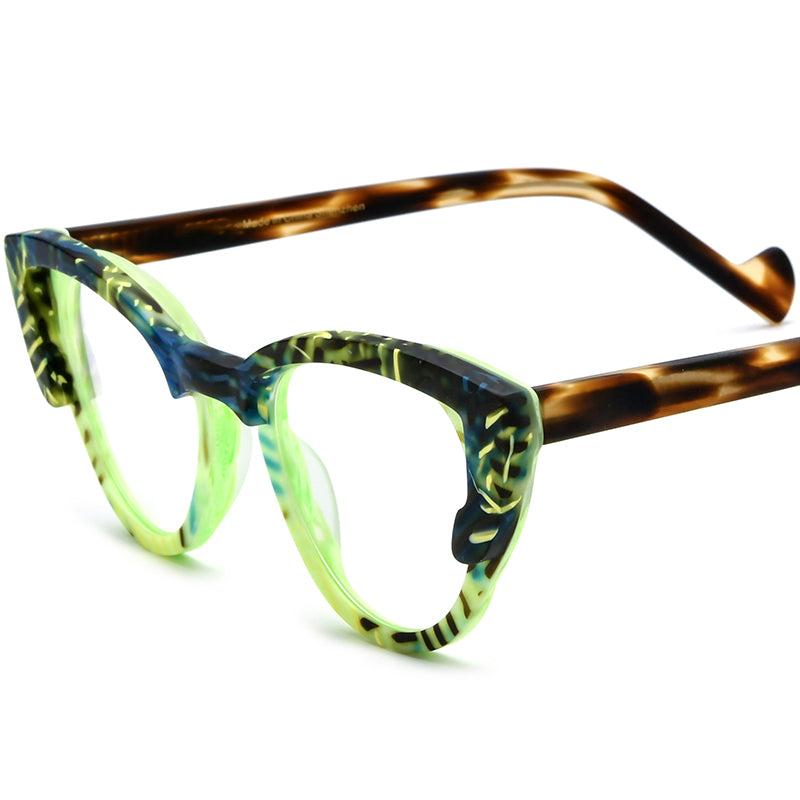 Multicolour Print Acetate Cat Eye Optical Glasses Frame - Matte Green - MCROONS
