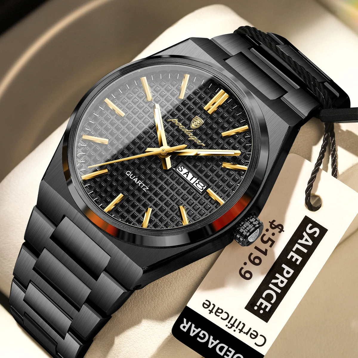 Poedagar 874 Men's Luxury Quartz Watch – Stainless Steel Band, Waterproof, Luminous, Date