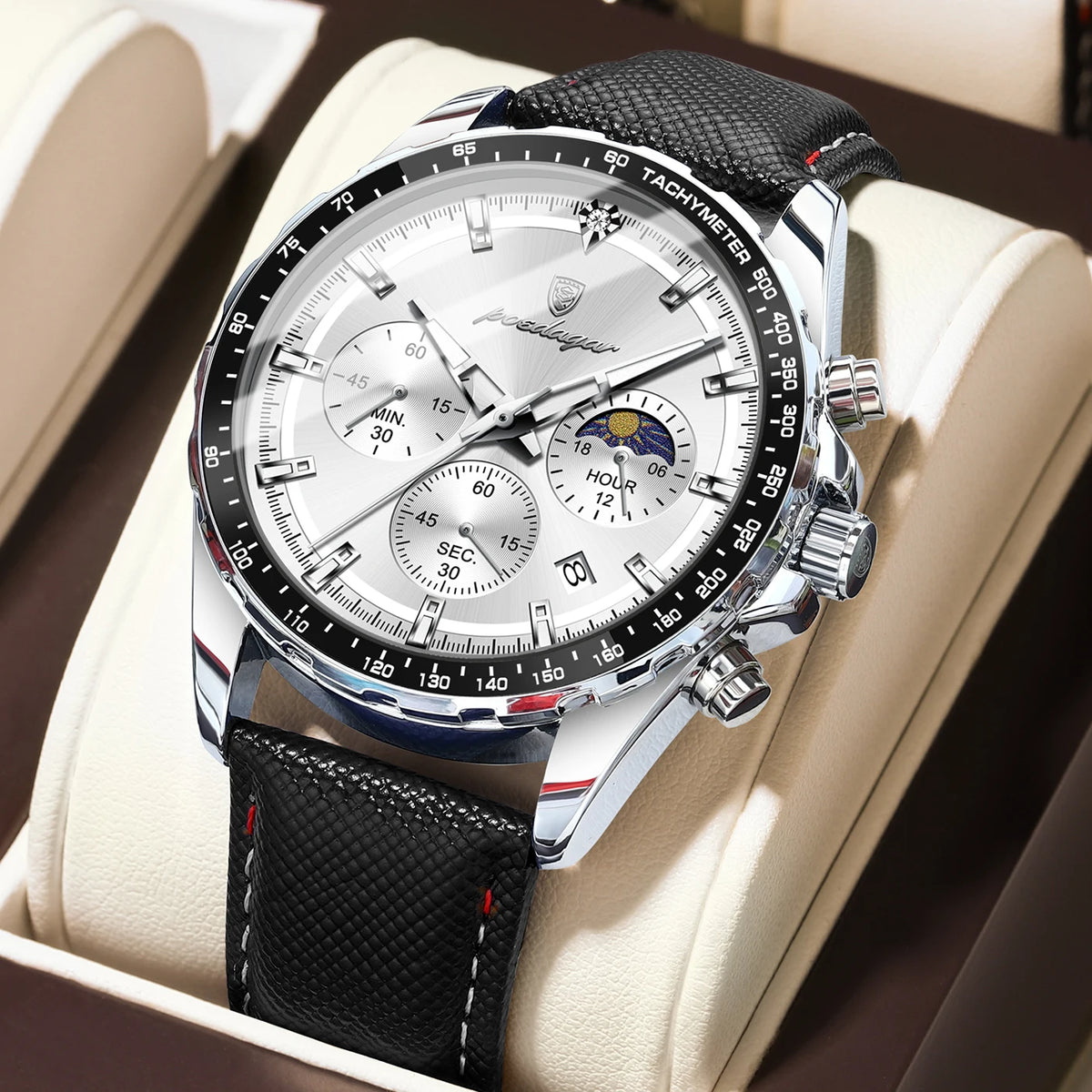 Poedagar 879 Men's Luxury Chronograph Quartz Watch – Leather Strap, Waterproof, Luminous, Date