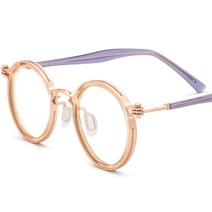 Vintage Two-Tone Round Acetate Metal Optical Glasses Frame - Gold Purple - MCROONS