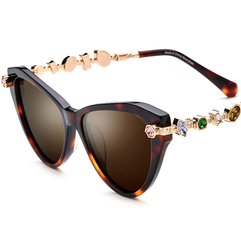 Diamante Cat Eye Polarized Sunglasses UV400 - MCROONS - Leopard Brown