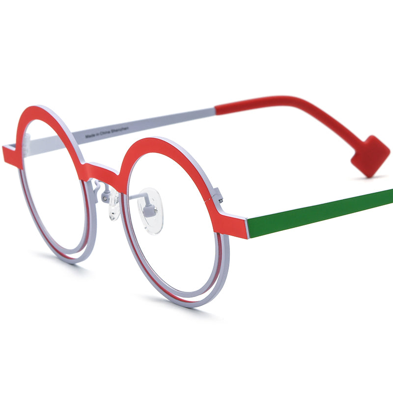 Colourful Titanium Round Halo Optical Glasses Frame - Red White - MCROONS