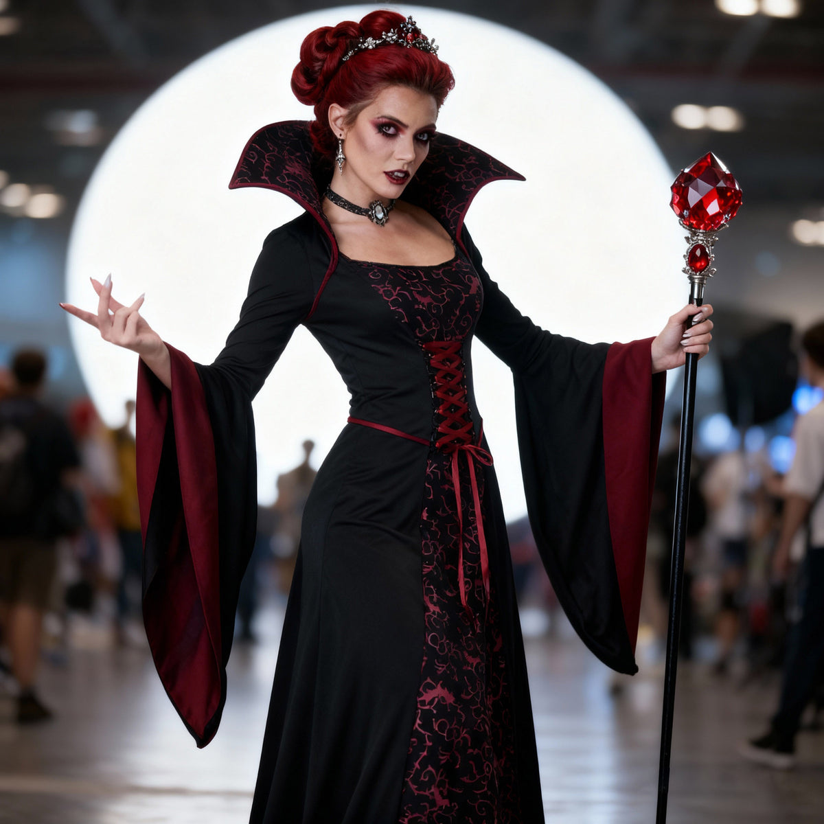Dark vampire queen vintage court gown from MCROONS featuring a black and red Gothic costume with intricate details and flowing fabric.