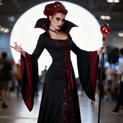 Dark vampire queen vintage court gown from MCROONS featuring a black and red Gothic costume with intricate details and flowing fabric.
