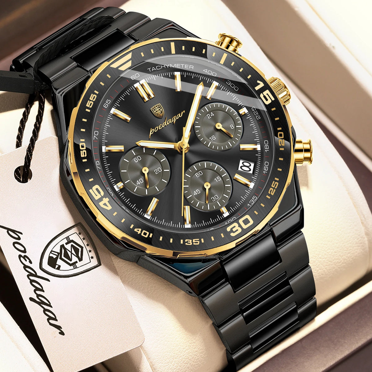 Poedagar 697 Men's Luxury Chronograph Quartz Watch – Stainless Steel Band, Waterproof, Luminous, Date