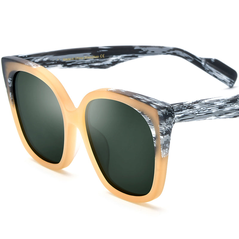 Retro Oversized Cat Eye Matte Acetate Polarized Sunglasses UV400 - Matte Yellow Dark Green Lens - MCROONS
