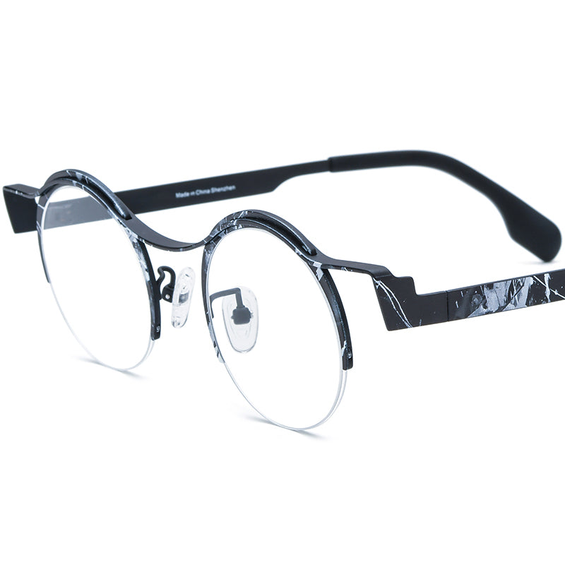 Titanium Semi-Rimless Round Optical Glasses Print - Black White Frame - MCROONS