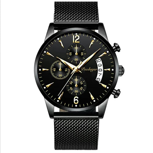 Poedagar 814 Men's Luxury Chronograph Quartz Watch – Leather Strap, Waterproof, Luminous, Date