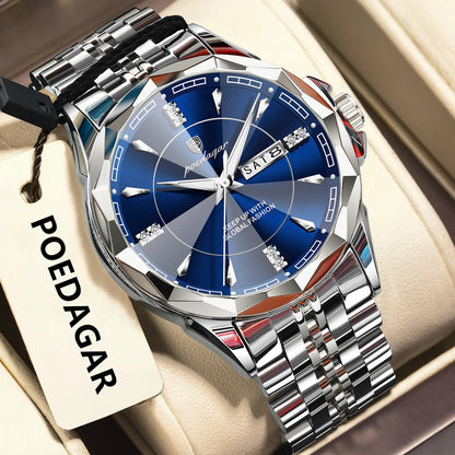 Poedagar 674 Men's Luxury Quartz Watch – Stainless Steel Band, Waterproof, Luminous, Date