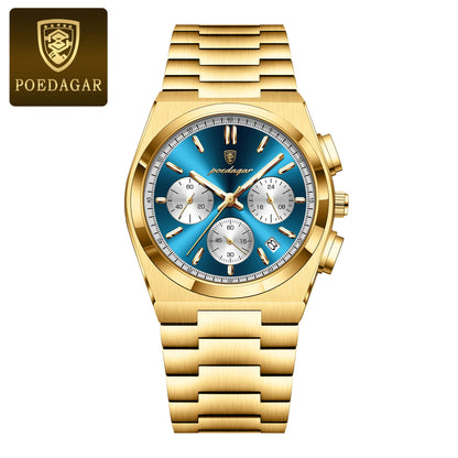 Poedagar 970 Men's Luxury Chronograph Quartz Watch – Stainless Steel Band, Waterproof, Luminous, Date