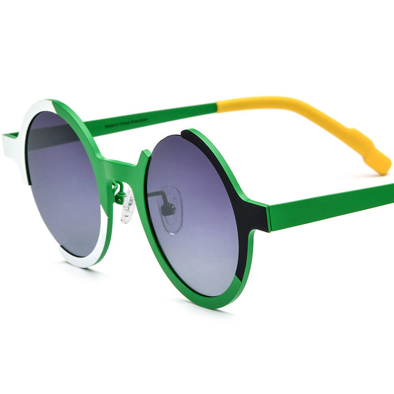 Colourful Titanium Semi-Rimless Round Polarised Sunglasses - Green Gradient Gray Lens - MCROONS