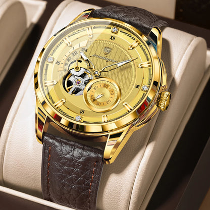 Poedagar 1427 Men's Luxury Automatic Mechanical Watch – Leather Strap, Waterproof, Luminous, Date
