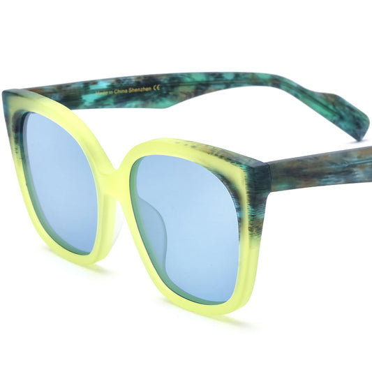 Retro Oversized Cat Eye Matte Acetate Polarized Sunglasses UV400 - Matte Green Blue Lens - MCROONS